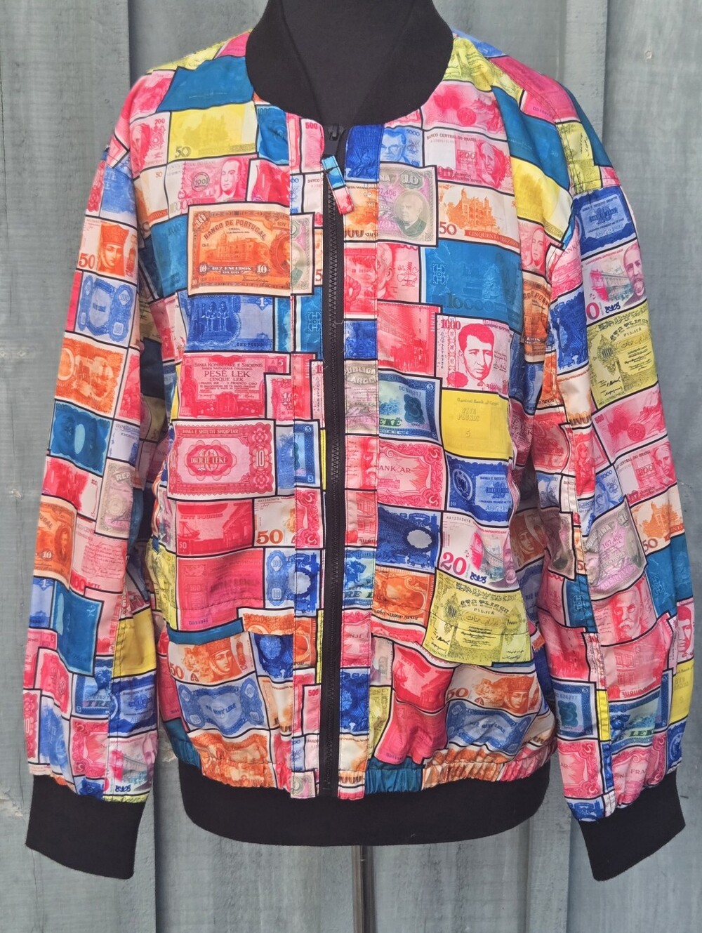 Gabby Isabella Currency Multicolor Bomber Jacket Size L Ribbed Cuffs And Bottom